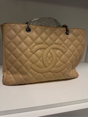 CHANEL Quilted Beige Caviar Leather Tote with Interlocking CC
